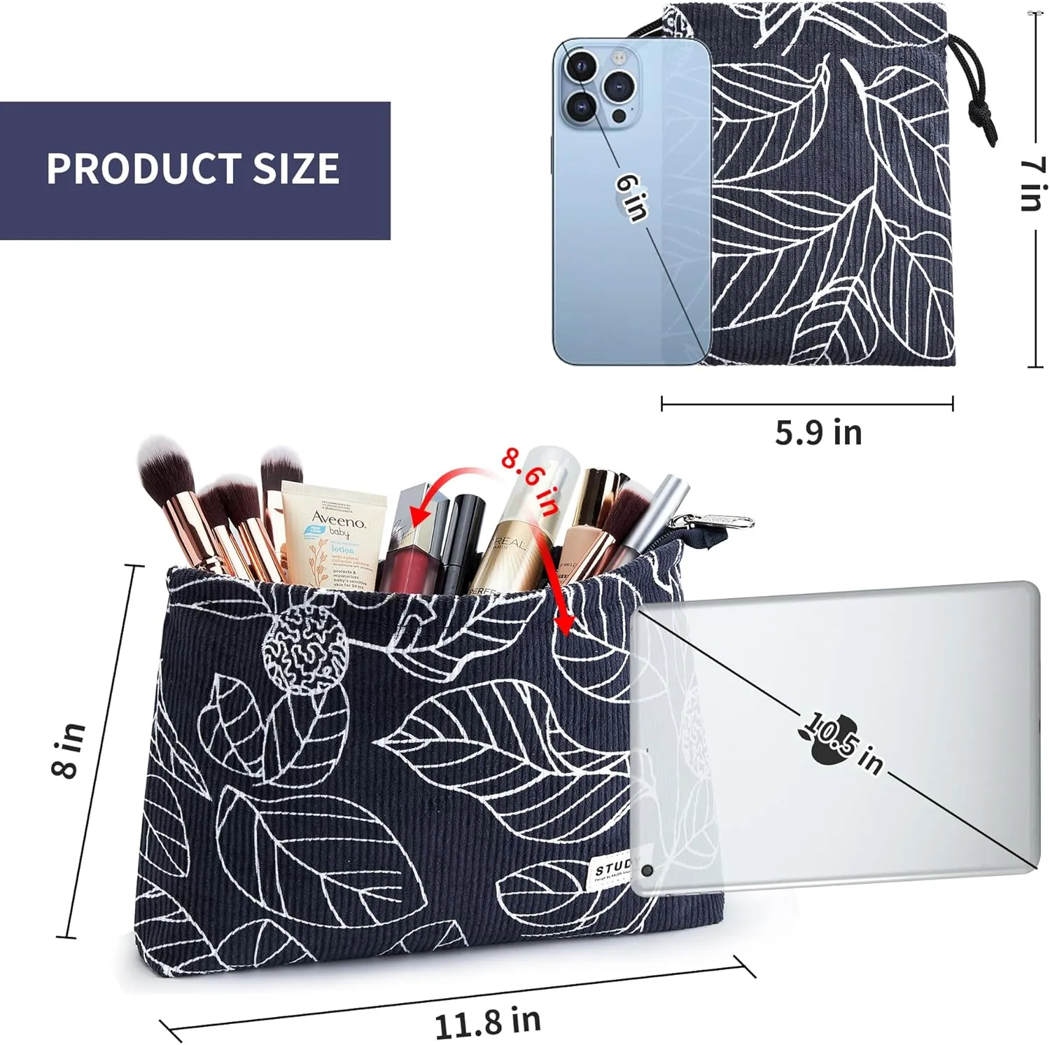 WLLWOO Makeup Bag-2pcs Smile Face Corduroy Cosmetic Bag Zipper Interior Waterproof Pencil Case Coin Purse Travel Toiletry Small Makeup Pouch For Women