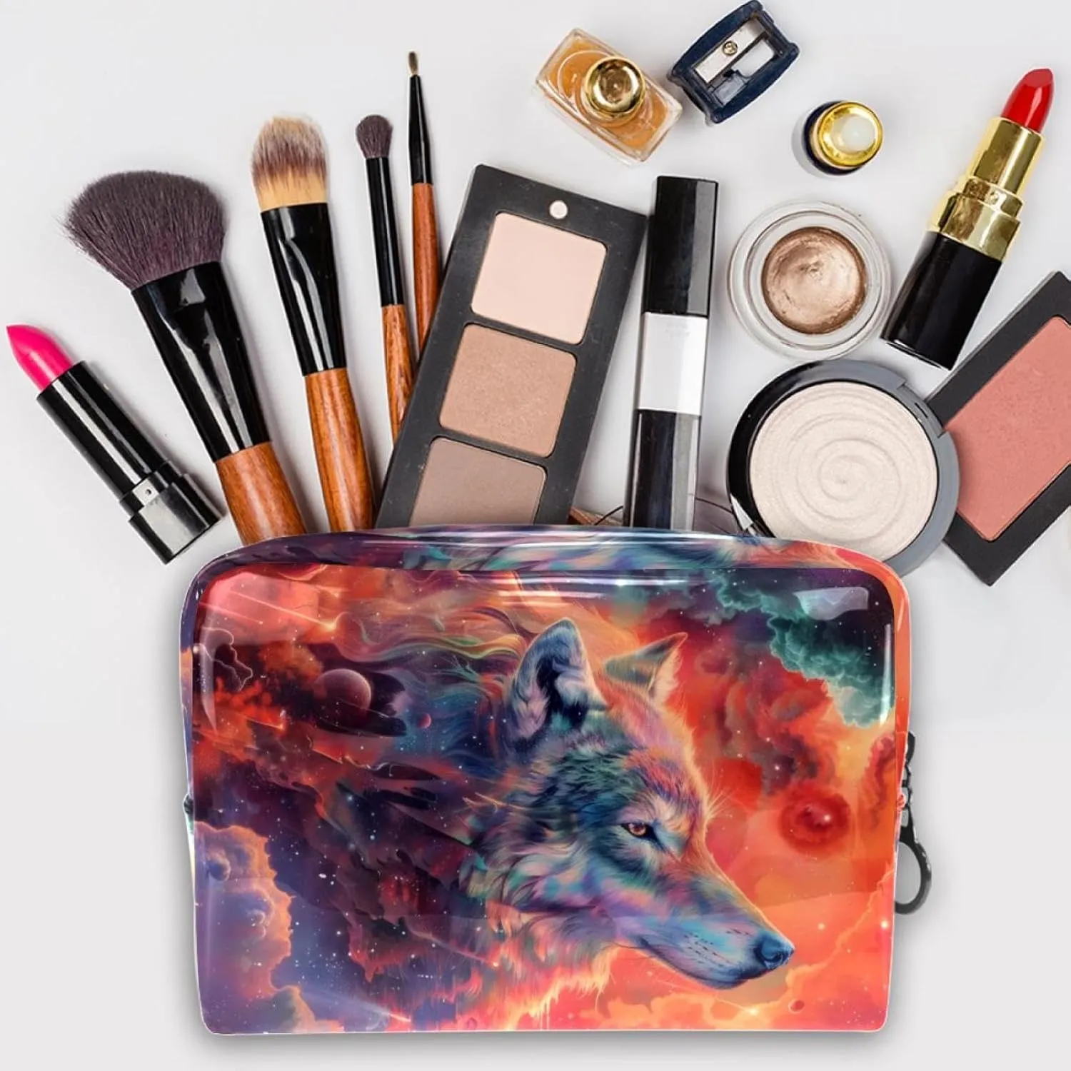 Wolf Galaxy Cosmetic Bags, Portable Travel Makeup Bags with Zipper, PVC Cosmetic Pouch Small Toiletry Bag Organizer Bags