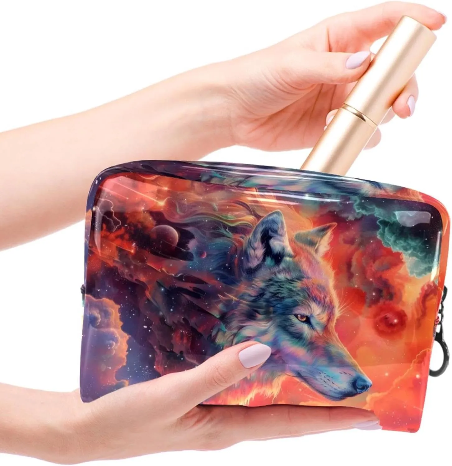 Wolf Galaxy Cosmetic Bags, Portable Travel Makeup Bags with Zipper, PVC Cosmetic Pouch Small Toiletry Bag Organizer Bags