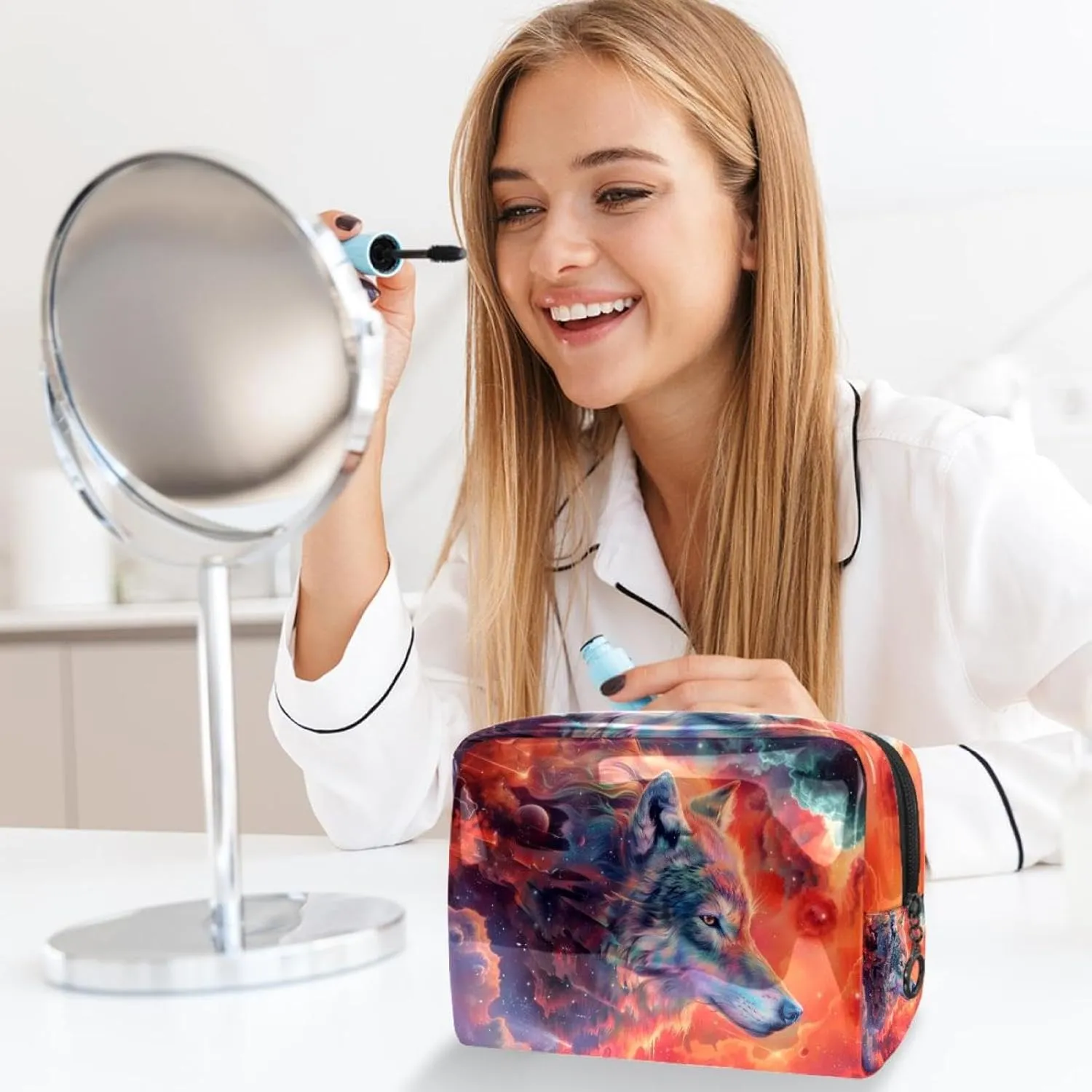 Wolf Galaxy Cosmetic Bags, Portable Travel Makeup Bags with Zipper, PVC Cosmetic Pouch Small Toiletry Bag Organizer Bags