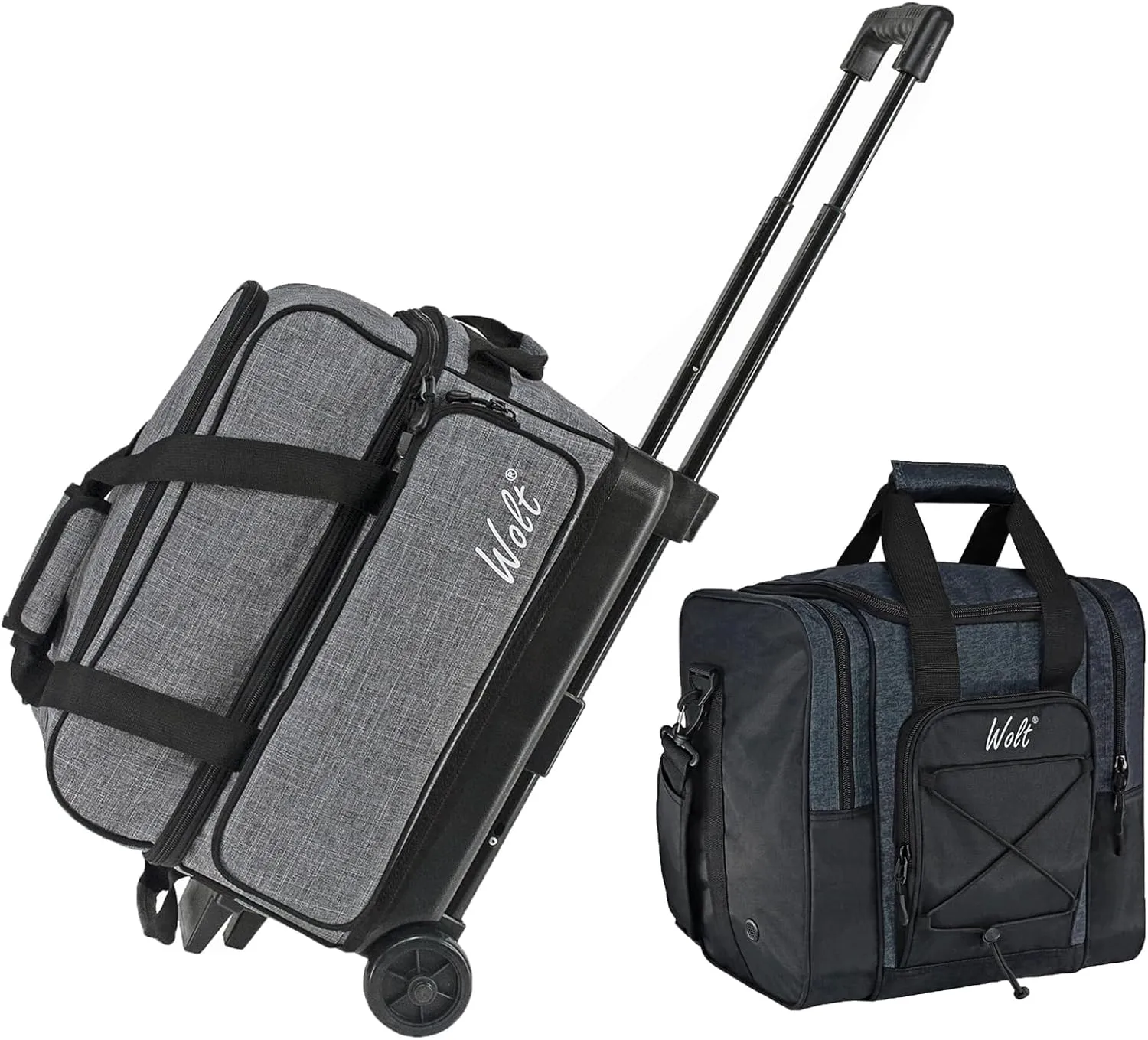 WOLT Double Roller 2 Ball Bowling Bag with Separate Shoe Compartment - Retractable Handle, Black, One Size