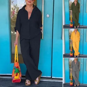 Women 2 Piece Cotton Linen Outfits Casual Loose 3/4 Sleeve Button Tops High Waist Wide Leg Pants Suit with Pockets