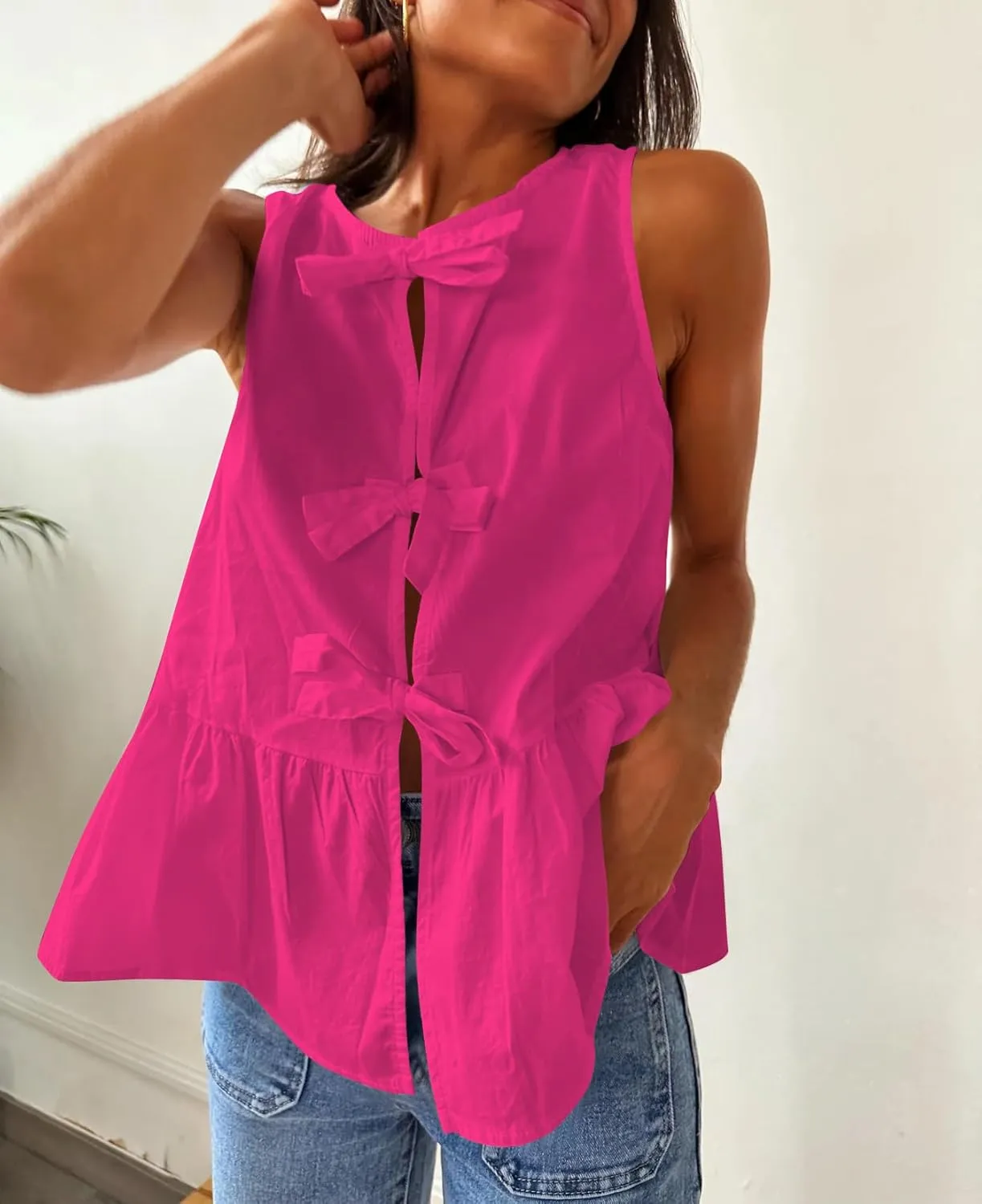 Women Casual Sleeveless Bow Tie Front Peplum Tank Tops Cute Summer Going Out Ruffled Loose Babydoll Blouse Shirts