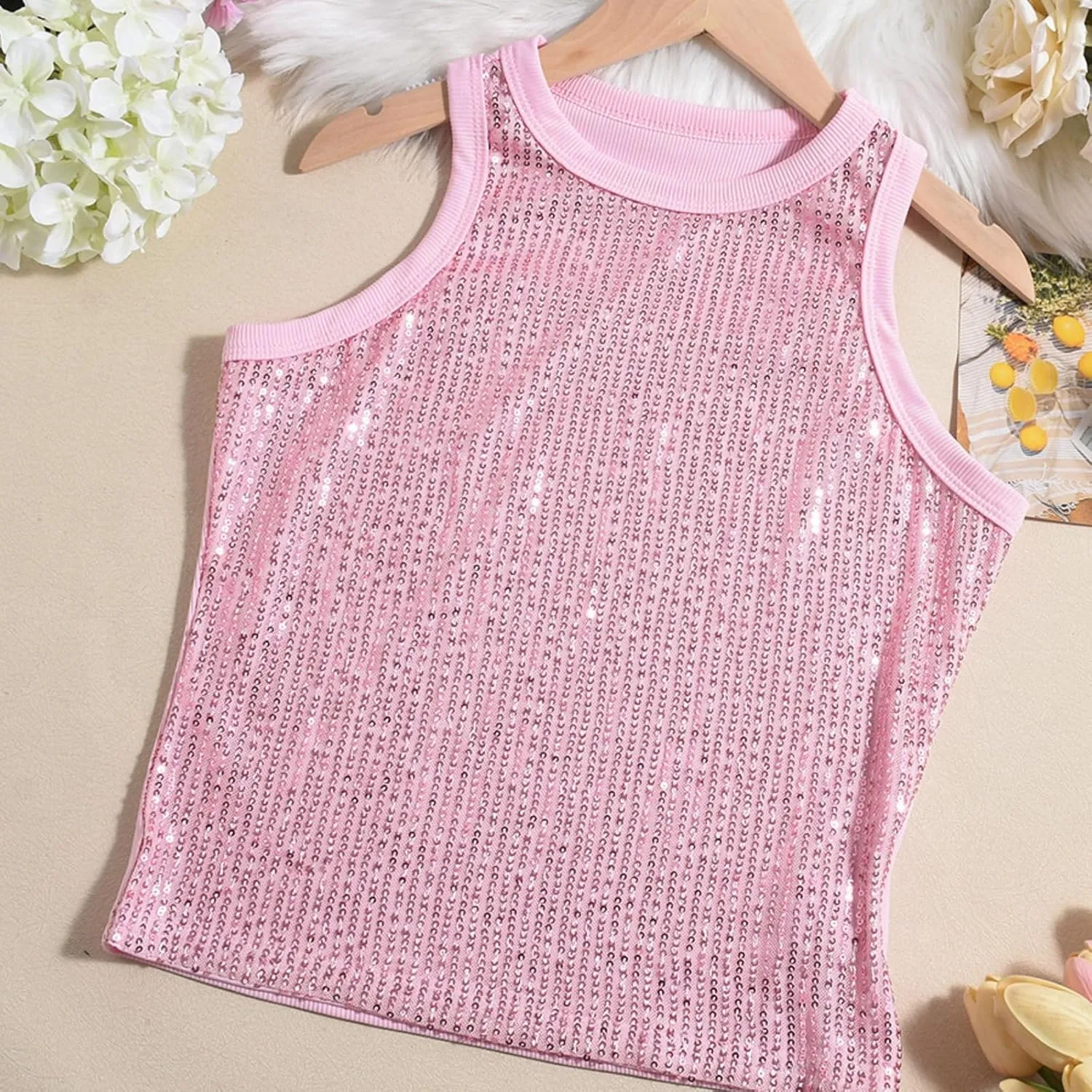 Women Casual Sleeveless Sequin Sparkle Tank Tops Sexy Fashion O Neck Glitter Camisole Vest