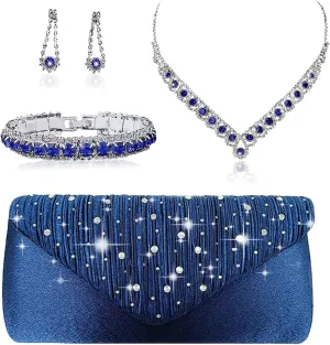 Women Clutch Purse Jewelry Set, Necklace And Earring Sets for Women Including Bracelet Ring Clutch Bag, Elegant Jewelry Set for Evening Wedding Party