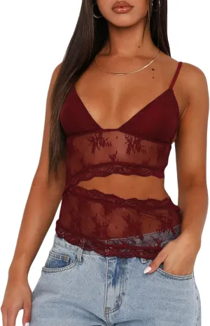 Women Lace Cami Tank Top Floral Mesh Spaghetti Strap Vest Sexy Backless Sleeveless Crop Tops Y2k Going Out Outfits