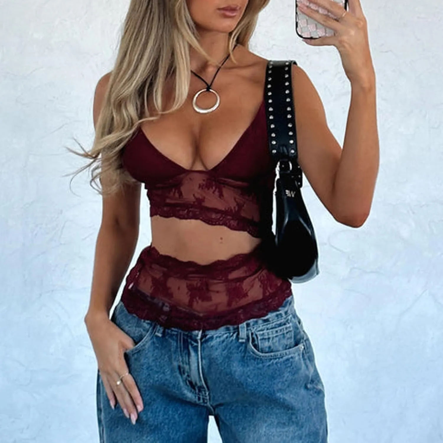 Women Lace Cami Tank Top Floral Mesh Spaghetti Strap Vest Sexy Backless Sleeveless Crop Tops Y2k Going Out Outfits