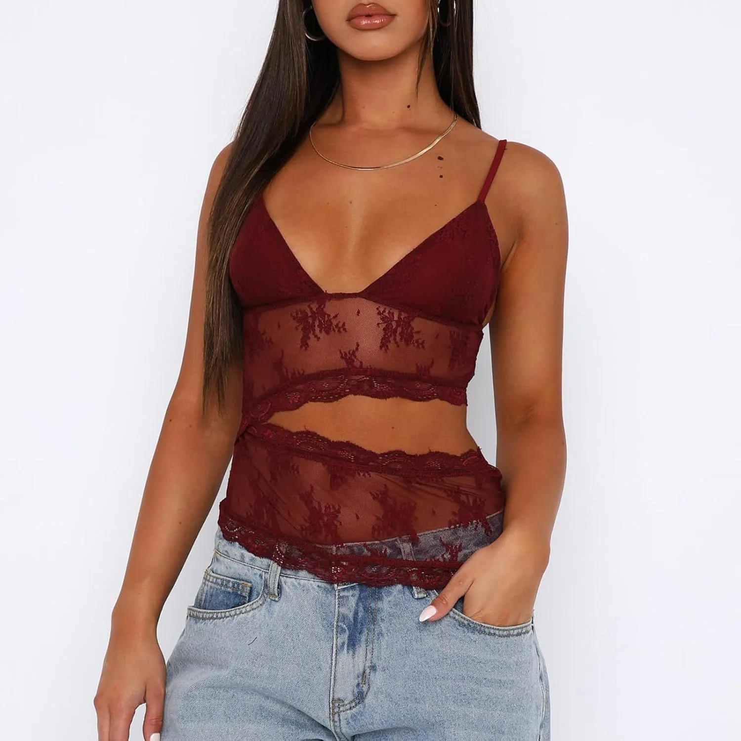 Women Lace Cami Tank Top Floral Mesh Spaghetti Strap Vest Sexy Backless Sleeveless Crop Tops Y2k Going Out Outfits