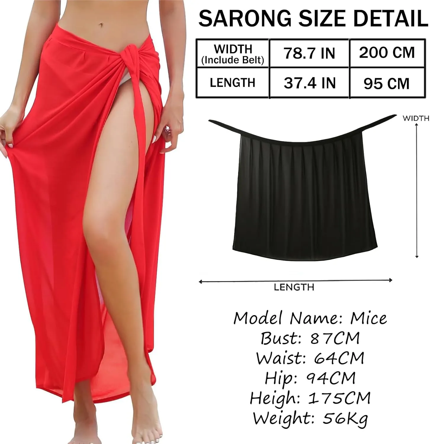 Women Sarong Swimsuit Coverup Chiffon Beach Tie Wrap Skirt Long Bikini Sheer Scarf Bathing Suit