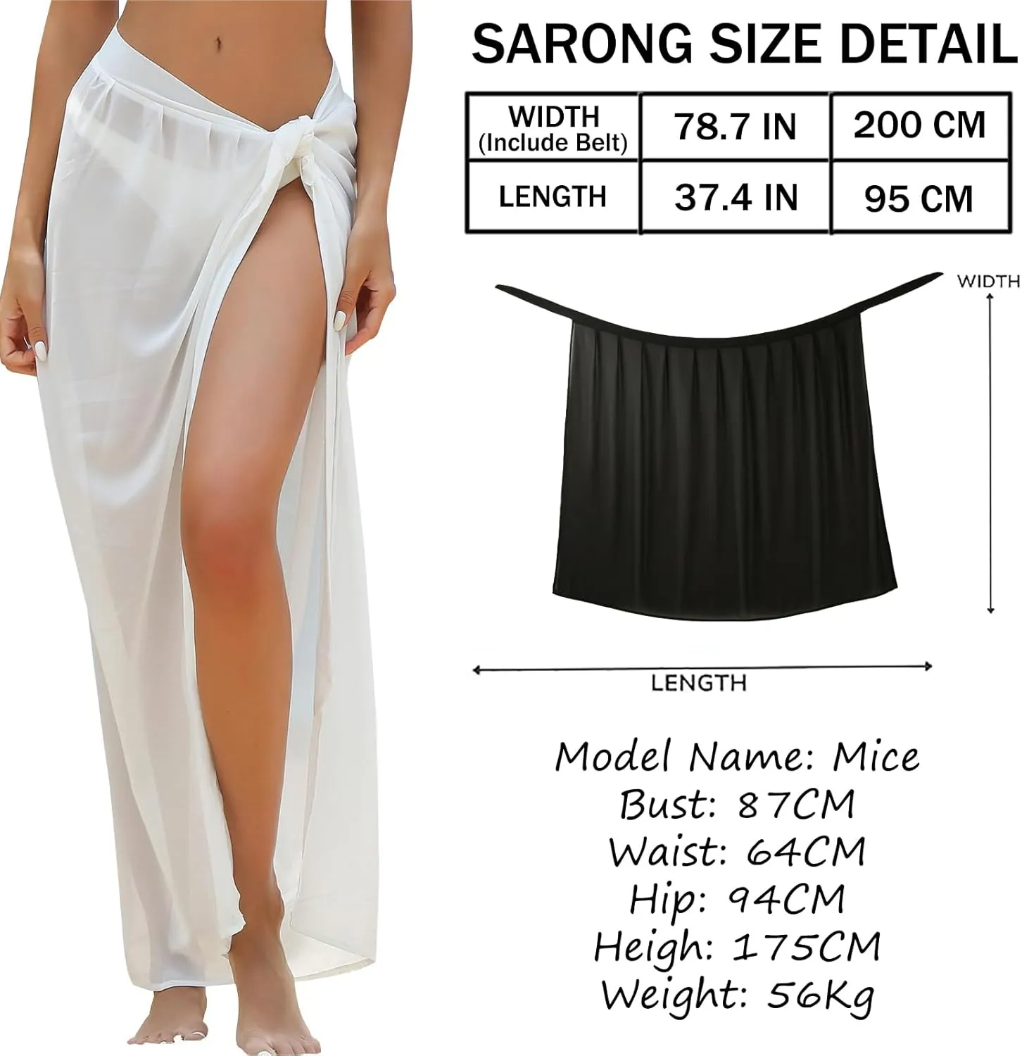 Women Sarong Swimsuit Coverup Chiffon Beach Tie Wrap Skirt Long Bikini Sheer Scarf Bathing Suit