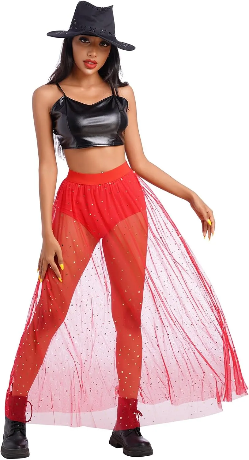 Women Shiny Stars Rave Skirt Flowy Mesh Tulle Maxi Skirts with Booty Bottoms Music Festival Clothes Halloween Costume