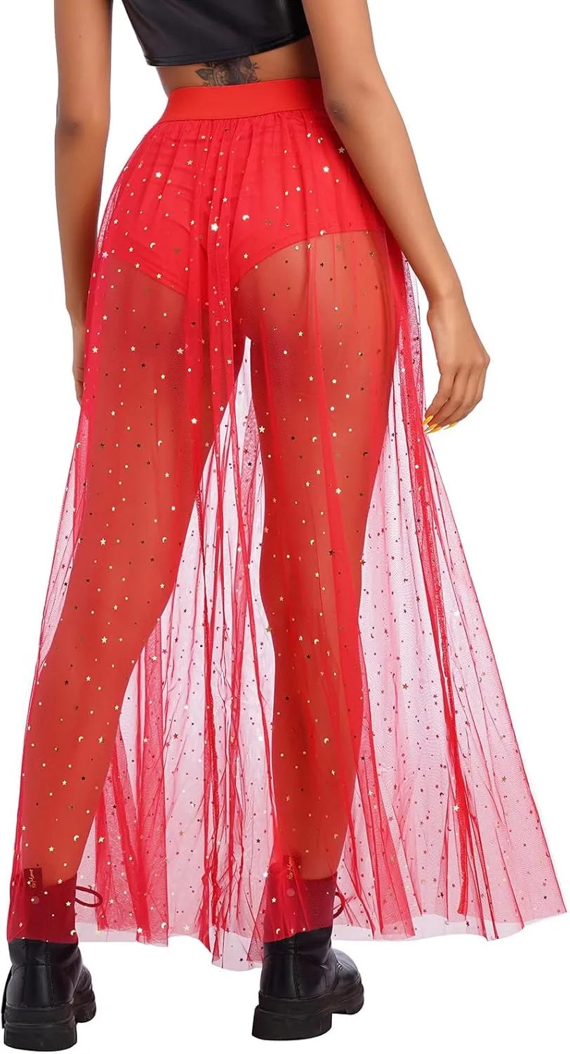 Women Shiny Stars Rave Skirt Flowy Mesh Tulle Maxi Skirts with Booty Bottoms Music Festival Clothes Halloween Costume