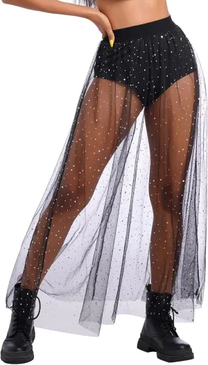 Women Shiny Stars Rave Skirt Flowy Mesh Tulle Maxi Skirts with Booty Bottoms Music Festival Clothes Halloween Costume