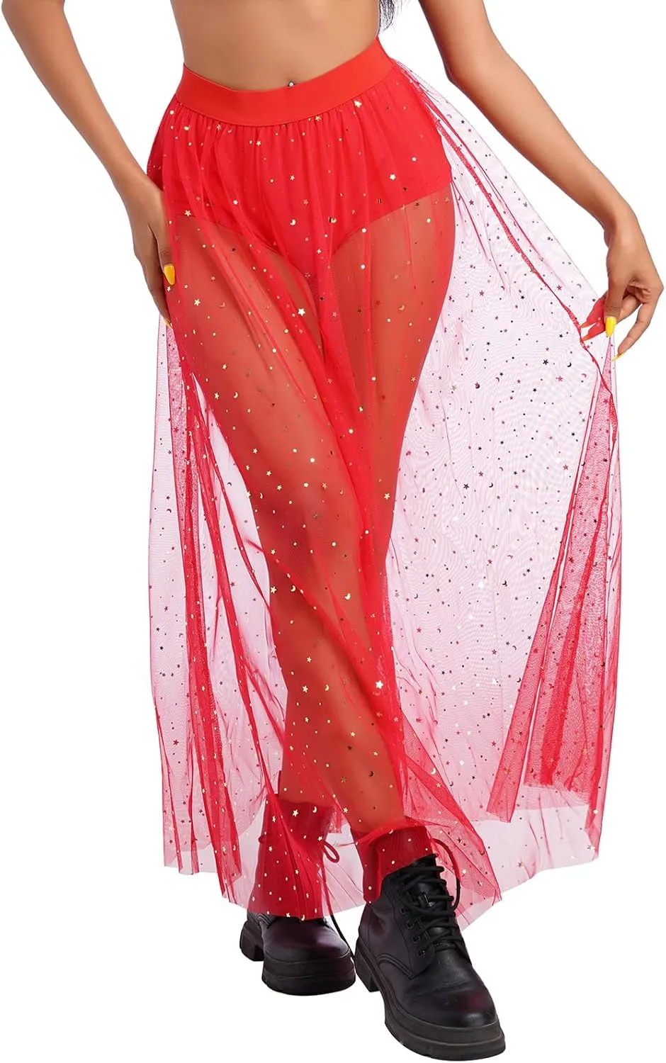 Women Shiny Stars Rave Skirt Flowy Mesh Tulle Maxi Skirts with Booty Bottoms Music Festival Clothes Halloween Costume