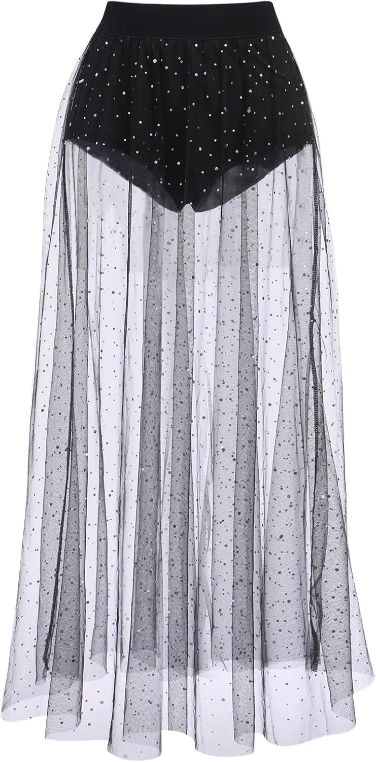 Women Shiny Stars Rave Skirt Flowy Mesh Tulle Maxi Skirts with Booty Bottoms Music Festival Clothes Halloween Costume