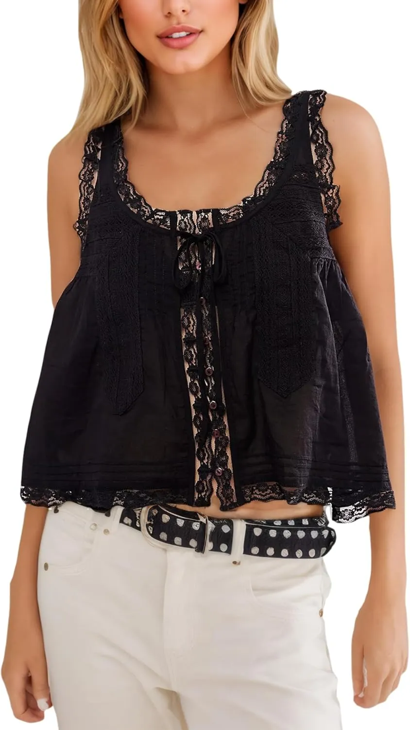 Women Sleeveless Lace Trim Tank Tops Beach Vacation Essentials Button Down Front Tie Mesh Chiffon Crop Tops