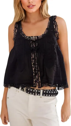 Women Sleeveless Lace Trim Tank Tops Beach Vacation Essentials Button Down Front Tie Mesh Chiffon Crop Tops