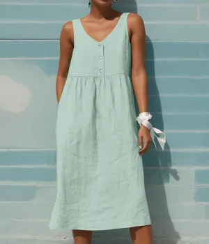 Women Sleeveless Linen Midi Dress Summer Casual V Neck Button Flowy Sun Dress Loose Beach Vacation Shift Dress