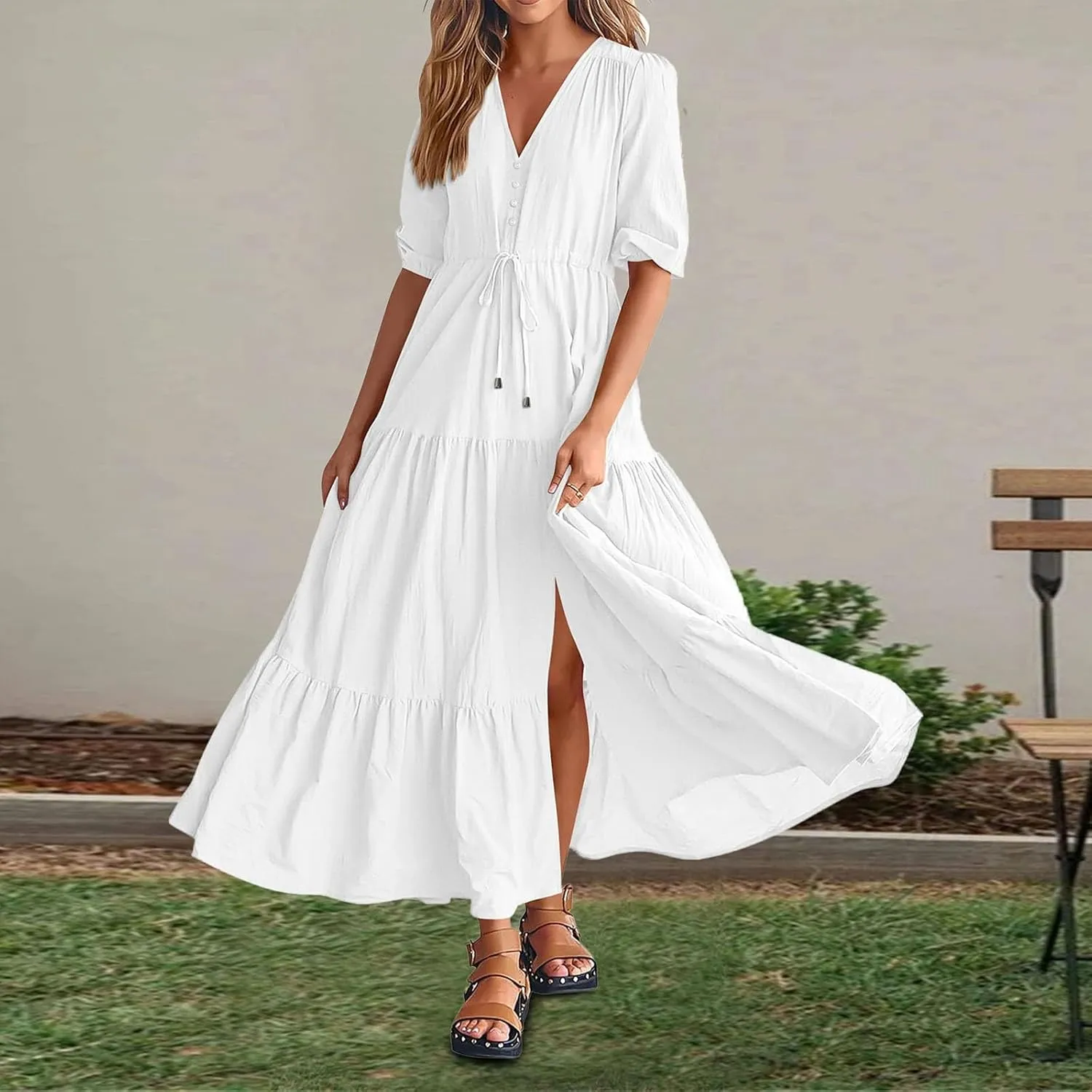 Women Summer Dresses Short Sleeves V Neck Button Drawstring Long Dresses Solid Color Boho Long Dress