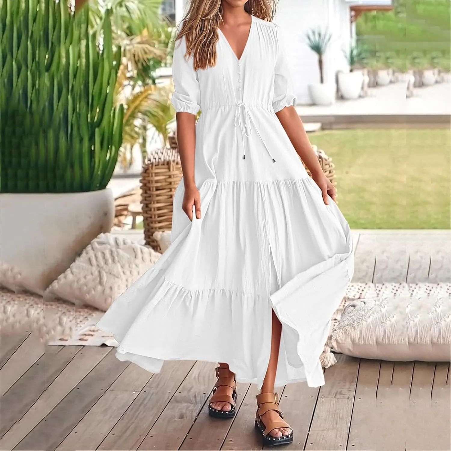 Women Summer Dresses Short Sleeves V Neck Button Drawstring Long Dresses Solid Color Boho Long Dress