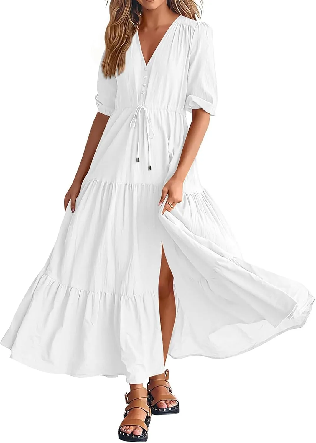 Women Summer Dresses Short Sleeves V Neck Button Drawstring Long Dresses Solid Color Boho Long Dress