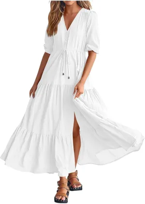 Women Summer Dresses Short Sleeves V Neck Button Drawstring Long Dresses Solid Color Boho Long Dress
