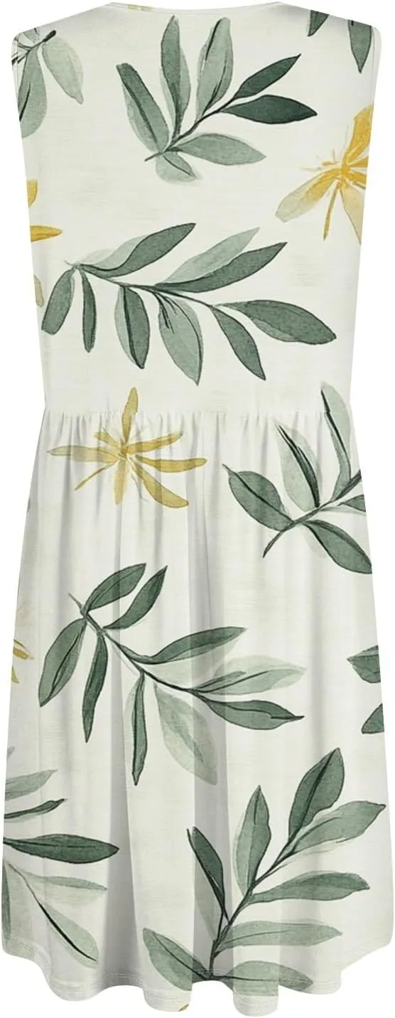 Women Summer Dresses Sleeveless Casual Loose Swing Button Down Midi Dress with Pockets Wedding Guest Dress
