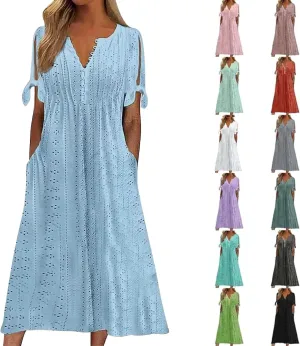 Women Summer Ruffle Hem Floral Lace Eyelet Dress Casual Notch Neck Midi Tunic Dress with Pockets