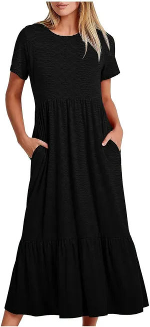 Women Summer Ruffle Hem Floral Lace Eyelet Dress Short Sleeve Casual Round Neck Midi Flowy Tunic Dress with Pockets