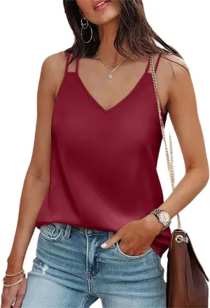 Women Summer V Neck Tank Tops Silk Satin Sleeveless Camisole Claret L