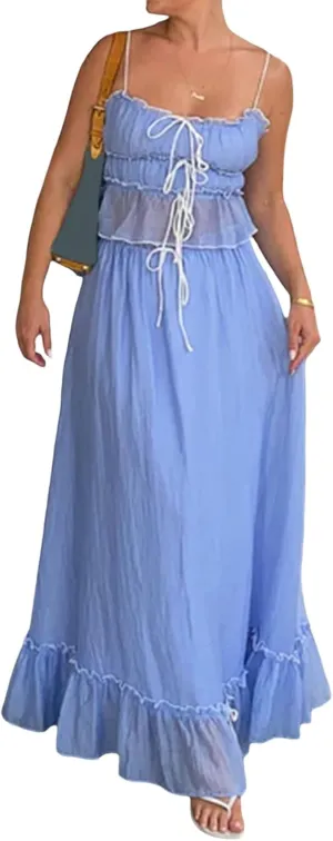 Women Y2k 2 Piece Outfits Ruched Ruffle Front Tie-Up Camisoles and Maxi Skirt Set Tank Top Beachwear
