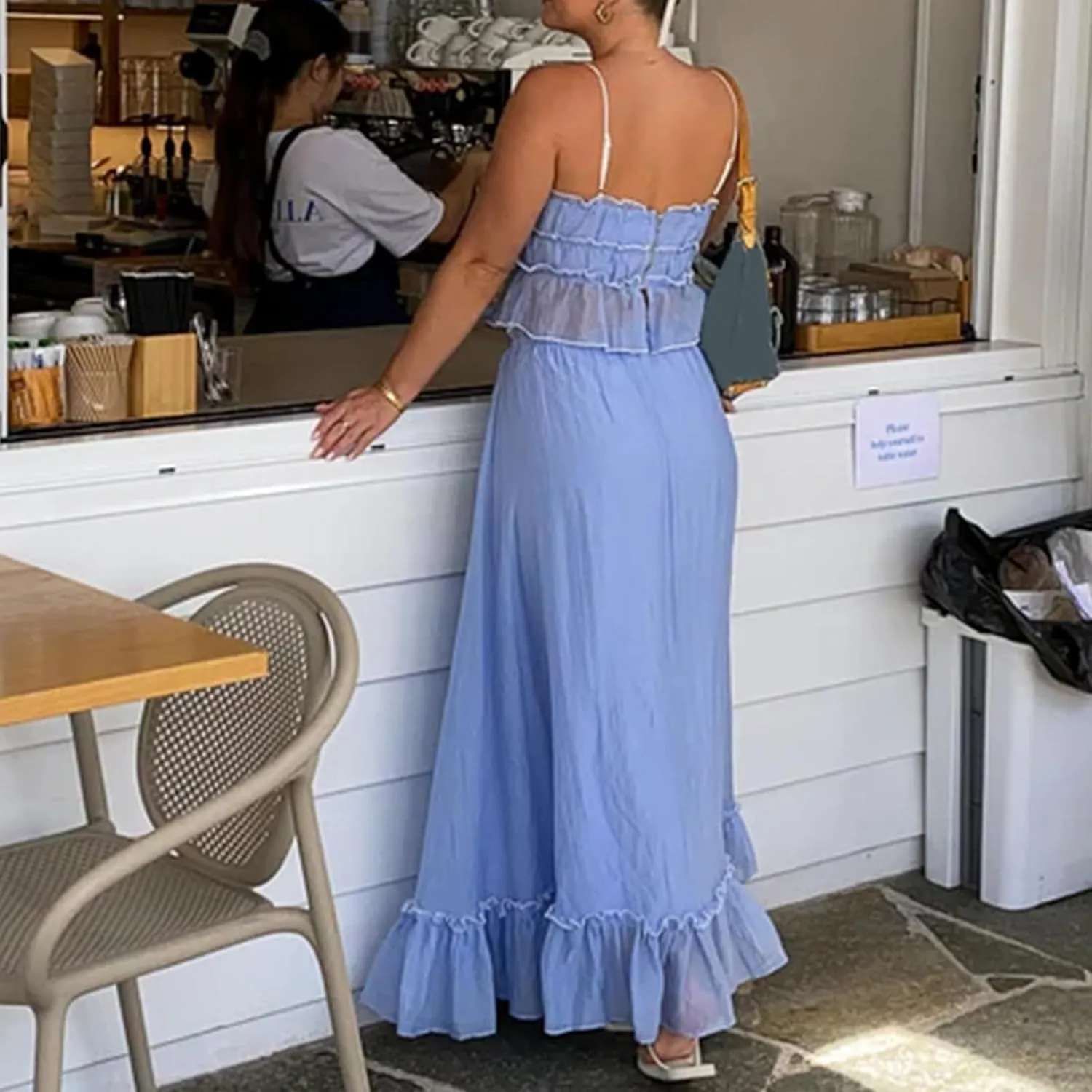 Women Y2k 2 Piece Outfits Ruched Ruffle Front Tie-Up Camisoles and Maxi Skirt Set Tank Top Beachwear