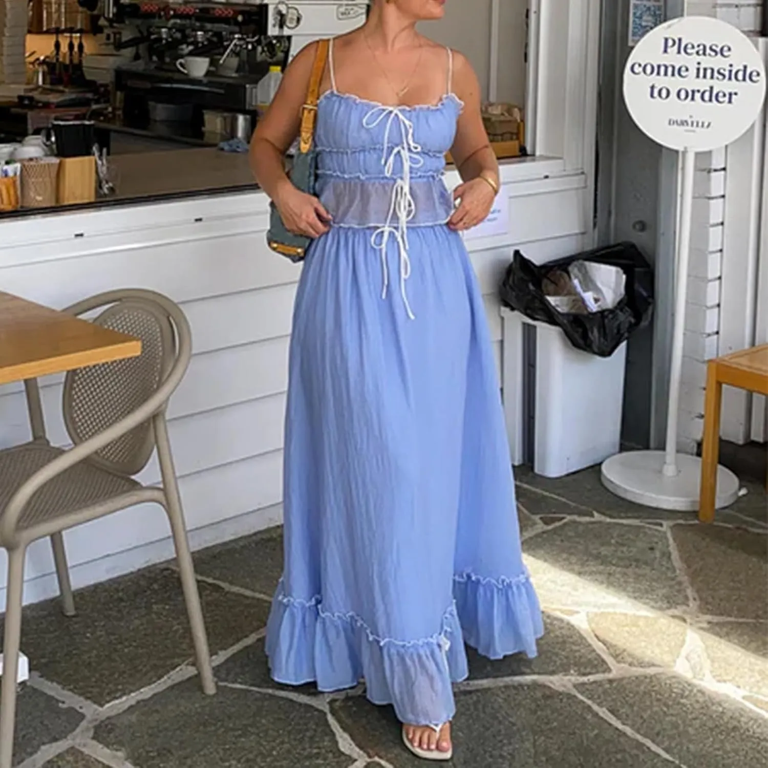 Women Y2k 2 Piece Outfits Ruched Ruffle Front Tie-Up Camisoles and Maxi Skirt Set Tank Top Beachwear
