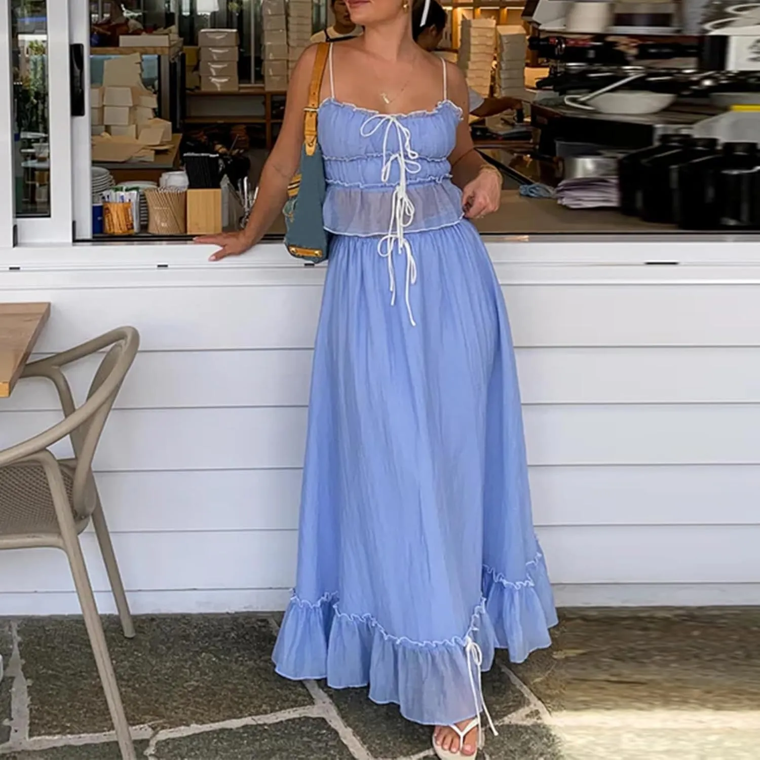 Women Y2k 2 Piece Outfits Ruched Ruffle Front Tie-Up Camisoles and Maxi Skirt Set Tank Top Beachwear