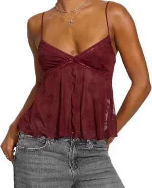 Women Y2k Floral Mesh Cami Vintage Layered Ruffle Hem Lace Camisoles Sleeveless V Neck Spaghetti Strap Sexy Tank Top