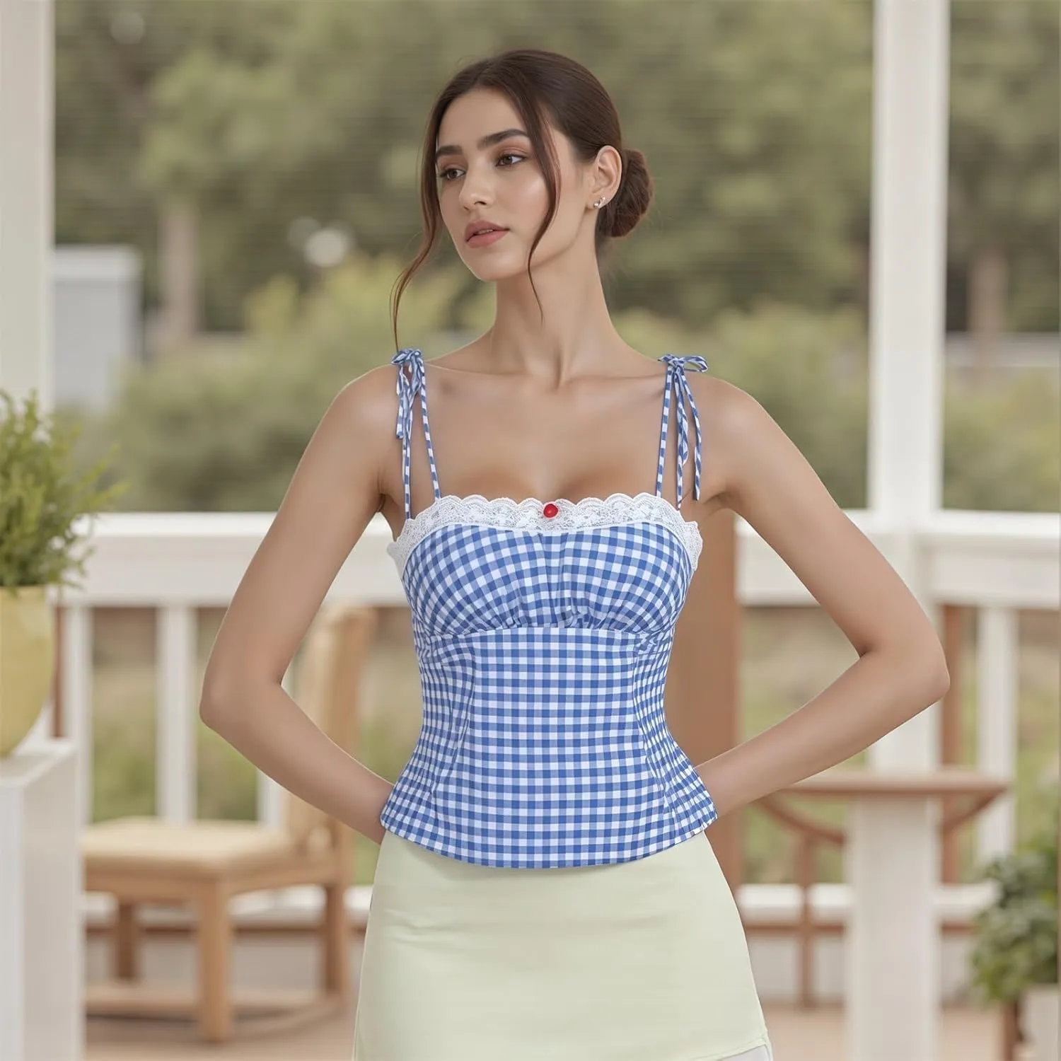 Women Y2k Plaid Tank Tops Tie Shoulder Lace Trim Cami Top Aesthetic Summer Going Out Camisoles