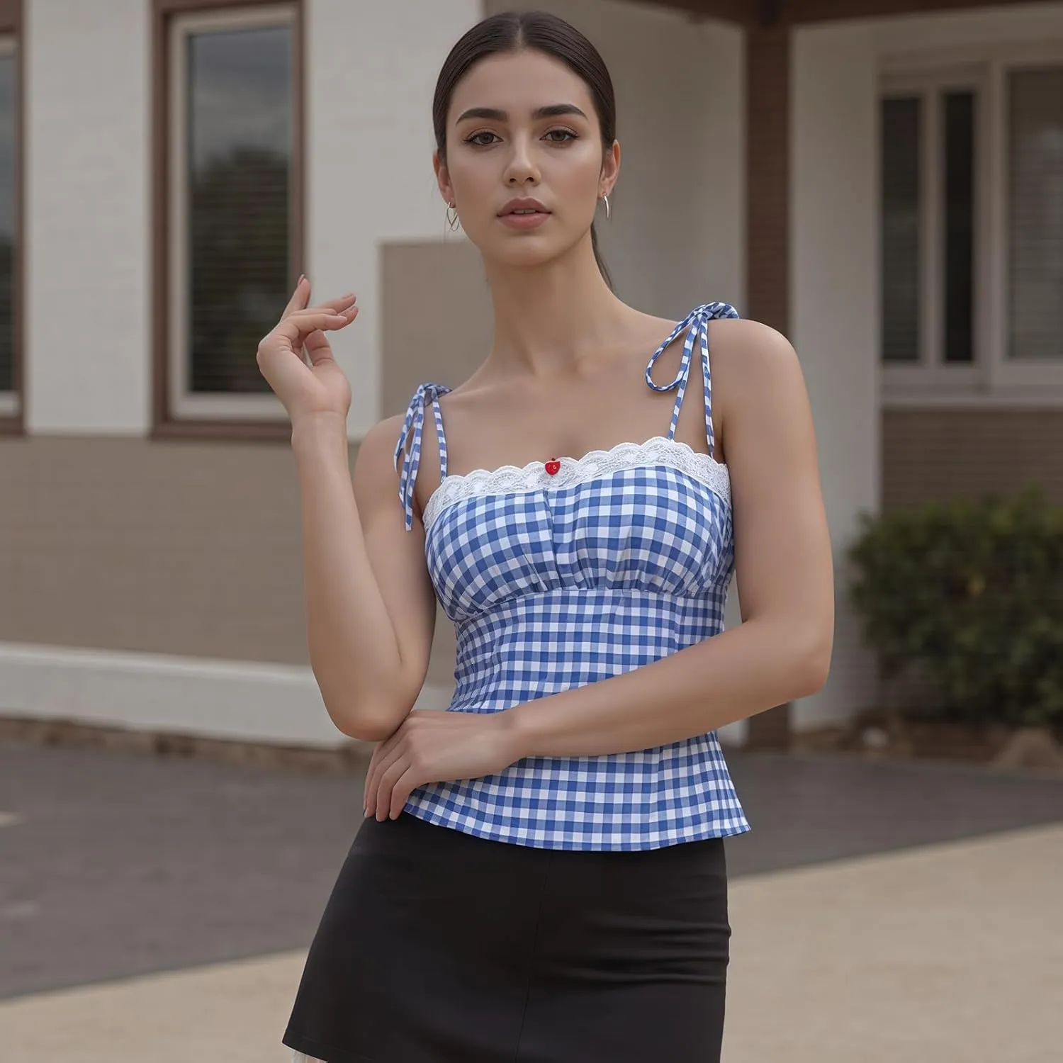 Women Y2k Plaid Tank Tops Tie Shoulder Lace Trim Cami Top Aesthetic Summer Going Out Camisoles
