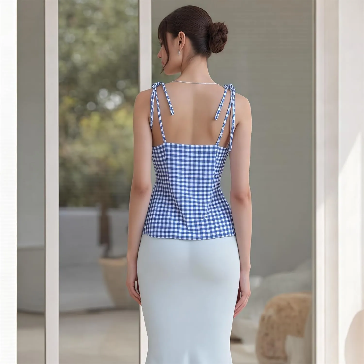 Women Y2k Plaid Tank Tops Tie Shoulder Lace Trim Cami Top Aesthetic Summer Going Out Camisoles