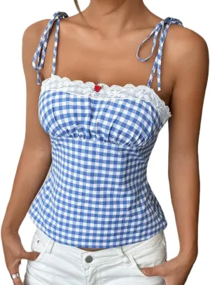 Women Y2k Plaid Tank Tops Tie Shoulder Lace Trim Cami Top Aesthetic Summer Going Out Camisoles