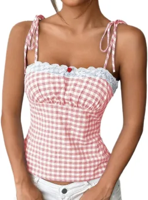 Women Y2k Plaid Tank Tops Tie Shoulder Lace Trim Cami Top Aesthetic Summer Going Out Camisoles