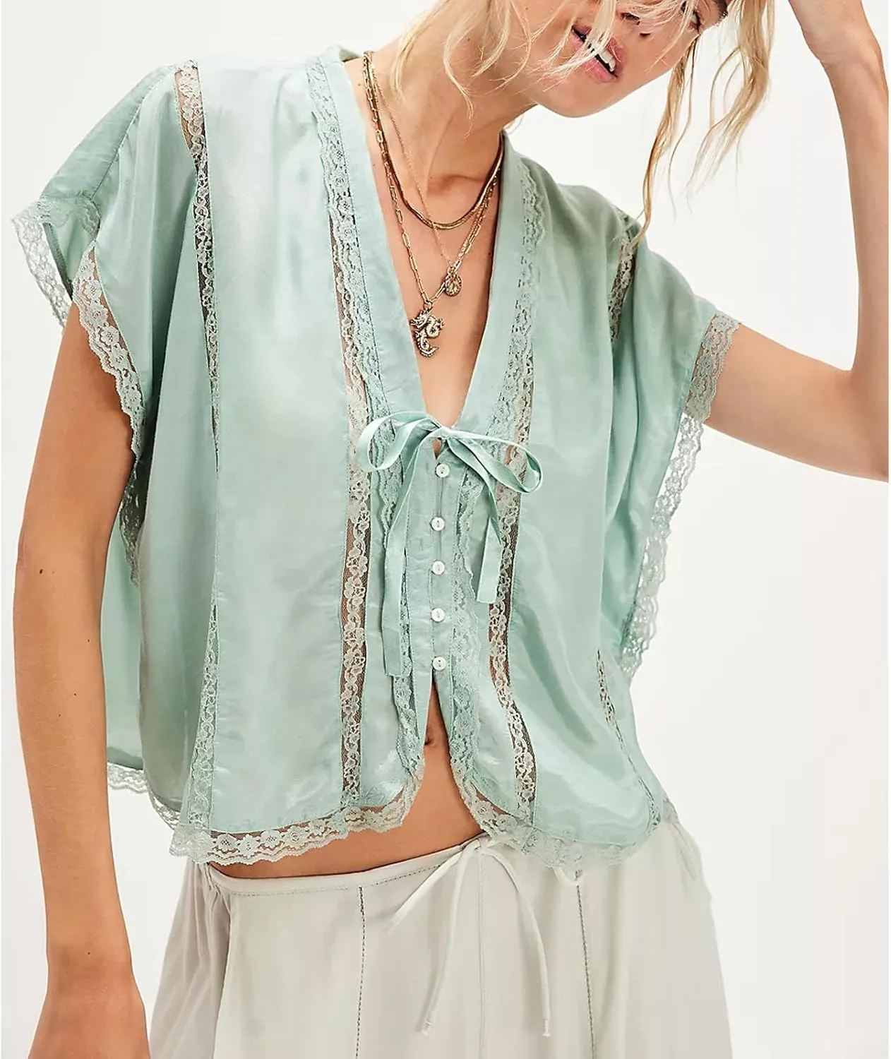 Women Y2k Sheer Lace Trim Button Up Tank Tops Cute Front Tie Up V Neck Going Out Blouse Shirts Vest Summer