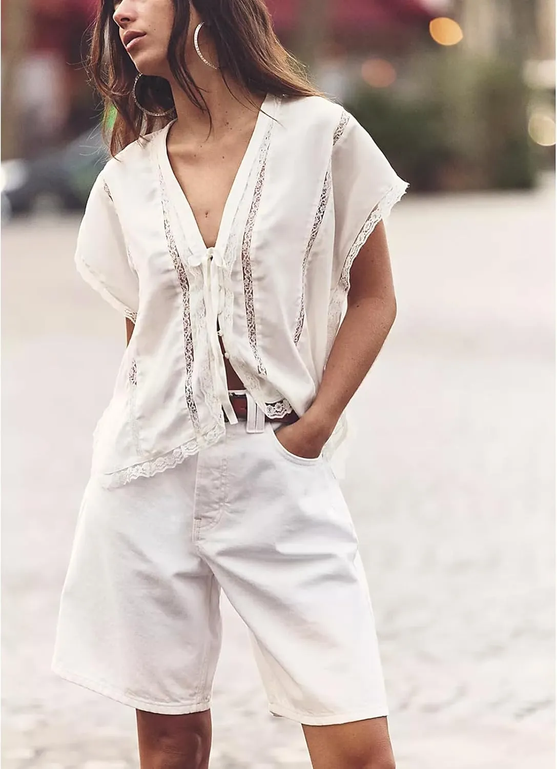 Women Y2k Sheer Lace Trim Button Up Tank Tops Cute Front Tie Up V Neck Going Out Blouse Shirts Vest Summer