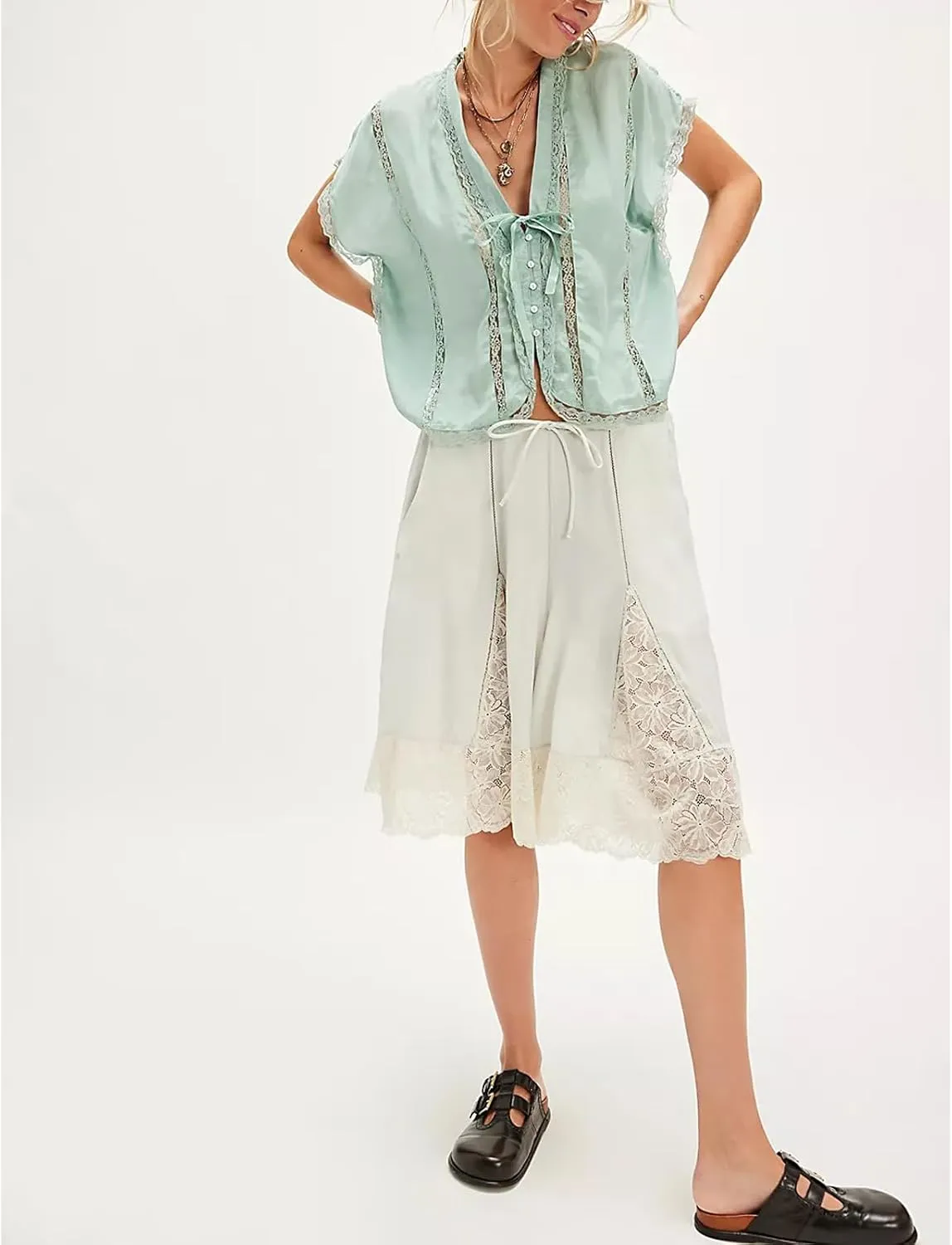 Women Y2k Sheer Lace Trim Button Up Tank Tops Cute Front Tie Up V Neck Going Out Blouse Shirts Vest Summer