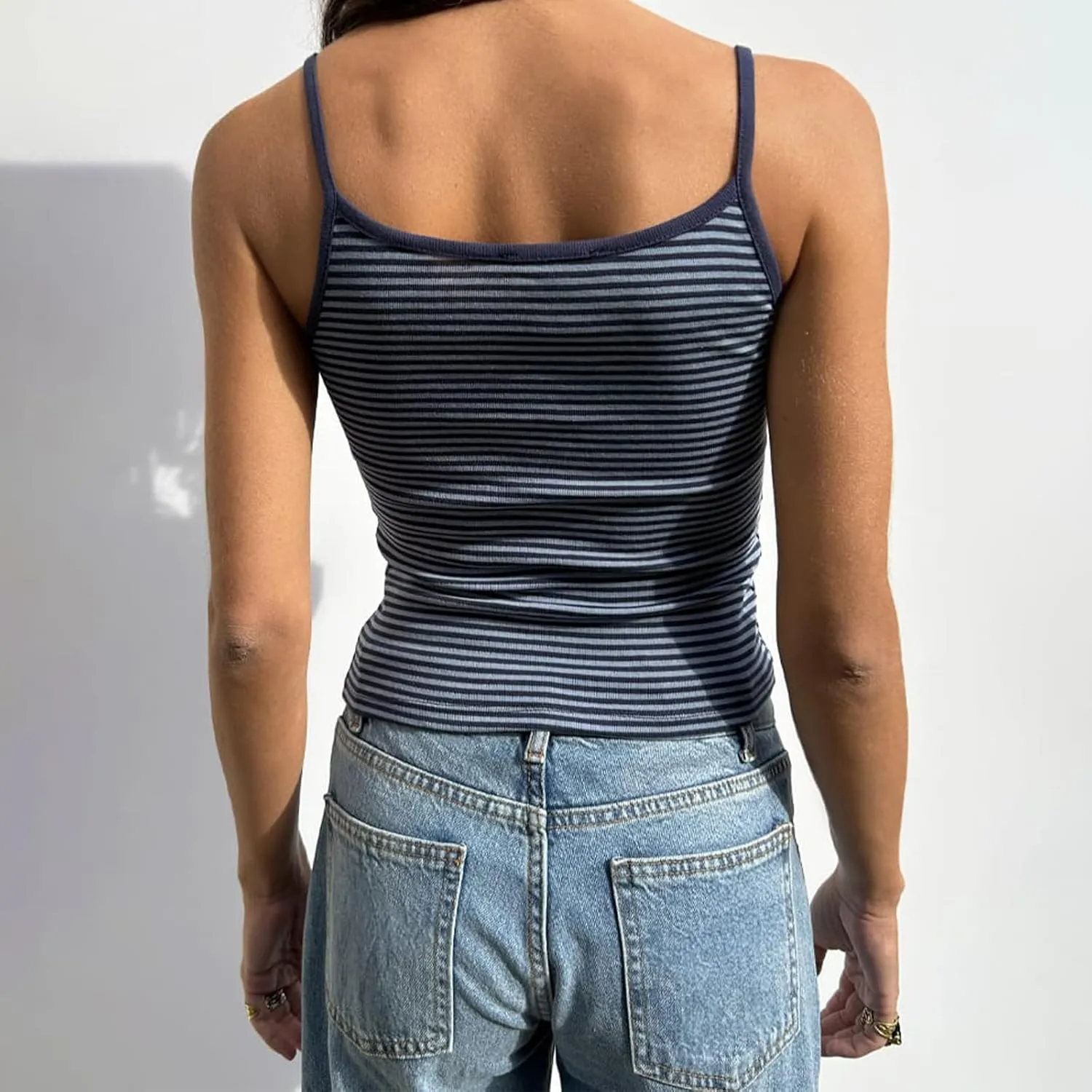 Women Y2K Stripe Print Camisole Preppy Spaghetti Strap Scoop Neck Tank Tops Aesthetic Sleeveless Crop Tops