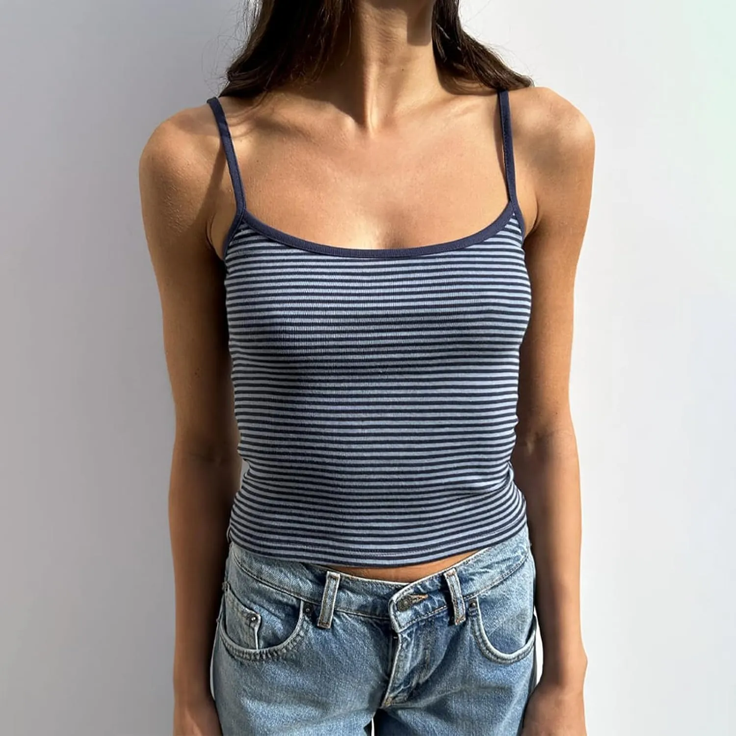 Women Y2K Stripe Print Camisole Preppy Spaghetti Strap Scoop Neck Tank Tops Aesthetic Sleeveless Crop Tops