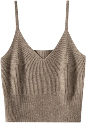 Women's 100%Wool Knitted Cropped Tanks Solid Color Basic Cami Spaghetti Strap Camisole Female Vest