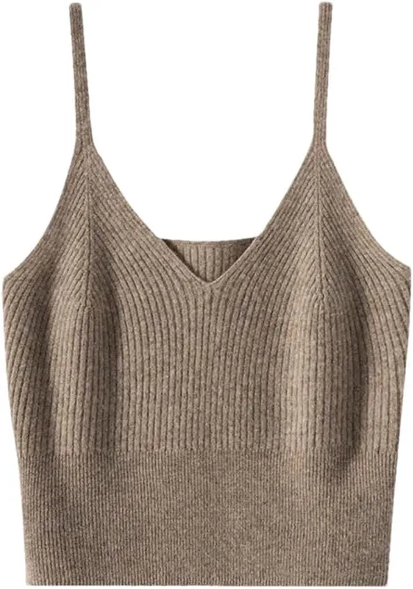 Women's 100%Wool Knitted Cropped Tanks Solid Color Basic Cami Spaghetti Strap Camisole Female Vest