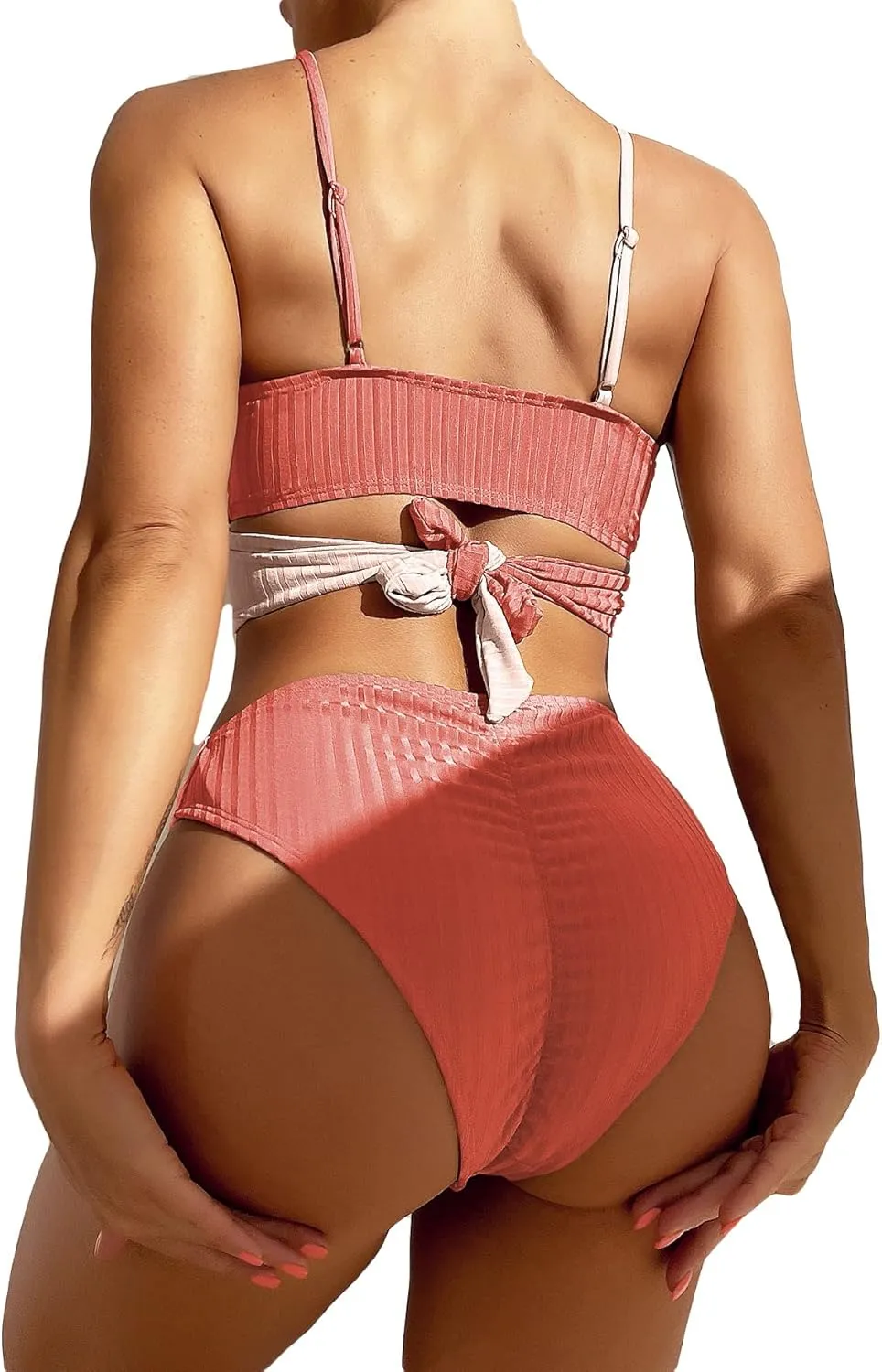Women's 2 Piece Colorblock High Waisted Wrap Spaghetti Strap Summer Swimsuit Bikini Set