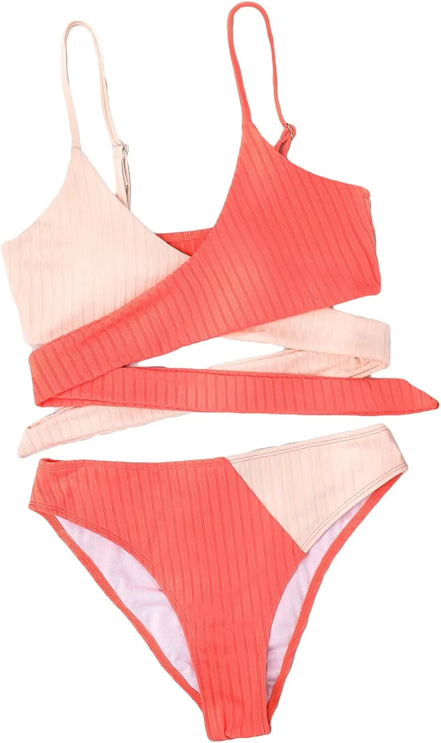 Women's 2 Piece Colorblock High Waisted Wrap Spaghetti Strap Summer Swimsuit Bikini Set
