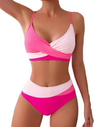 Women's 2 Piece Colorblock High Waisted Wrap Spaghetti Strap Summer Swimsuit Bikini Set